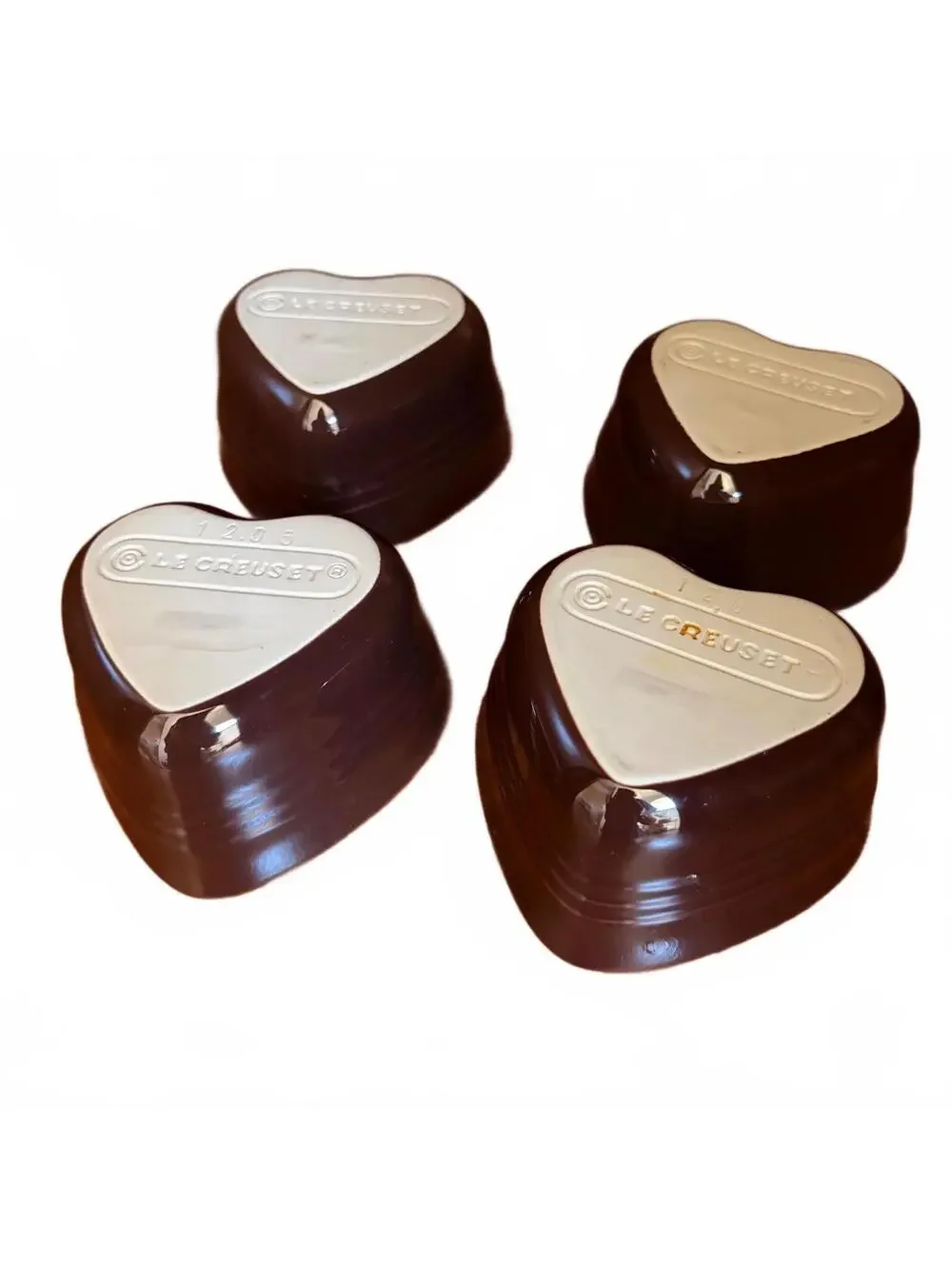 Le Creuset Heart Ramekin Mini Stoneware Lot of 4 Piece Set Brown Bicolor Pastel